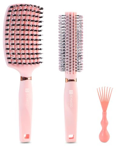Haarbürste ohne Ziepen, Runde Bürste, Bürstenreiniger – 3 Stück Haarbürste Set – Profi Entwirrungsbürste mit Griff, Wildschweinborsten Haarstyling Bürste für Frauen Männer
