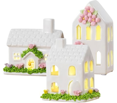 Frühlingshaus Deko Haus Frühling Led Lichthaus Teelichthaus Aus Porzellan Häuser Keramik Osterhaus,Osterdeko Weisse Häuser Deko Windlicht Häuschen Für Teelichter,Ostern Deko Frühling Deko (A+B+C)