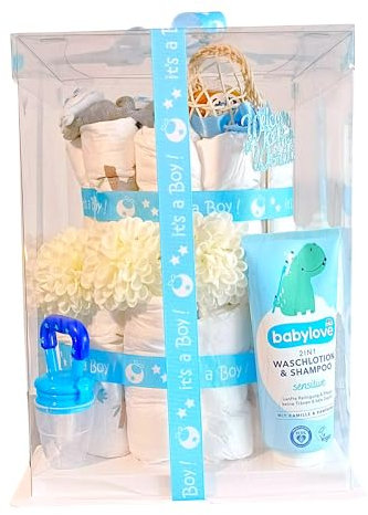 Windeltorte für Jungen, Geschenkset zur Geburt Blau, Windeltorte, Pinkelparty Geschenk, Geschenk zur Geburt, Geschenk für Neugeborene, Babyparty, Windeltorte für Jungen, Windeltorte Neutral (Babyblau)