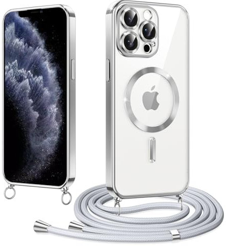 Woijrly Magnetische Handyband mit Band für iPhone 11 Pro Hülle, [Kompatibel mit Magsafe] Handyhülle Case mit justierbarer Schnur Abnehmbar Strap, Crossbody Schutzhülle zum Umhängen Kordel, Silber