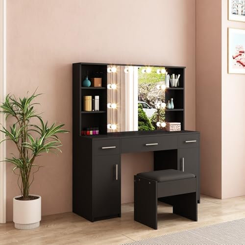 Komtopod Schminktisch mit LED-Beleuchtung, Frisiertisch mit Schiebespiegel, 3 Schubladen, 2 Türen und 6 Offenen Fächern, Moderne Schlafzimmerkommode aus Holz, 120 x 40 x 140cm (Schwarz)