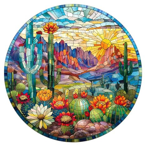Holzpuzzle Erwachsene und Kinder, Stained Glass Cactus Kreisförmige Einzigartige Puzzle, Holz Puzzle Erwachsene Mit Geschenkbox Aus Holz (L-300 Stück)
