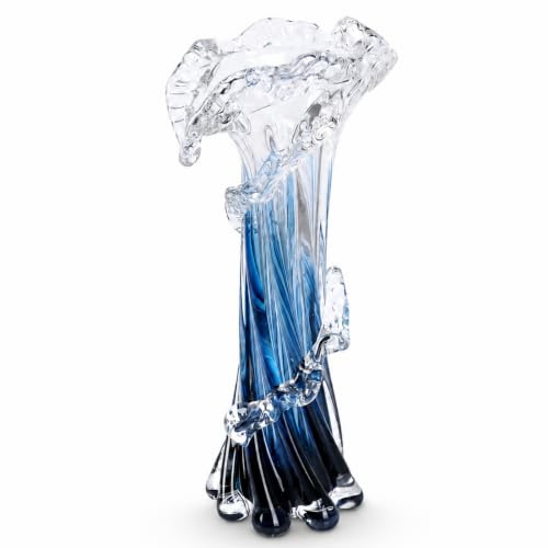 12 H Blaue mundgeblasene Glasvase, Moderne handgeblasene Küstenvase, wunderschöne einzigartige Meereswellen-Tischdekoration für Wohnzimmer, Schlafzimmer, Büro, Couchtisch und Hochzeitsdekoration (L)