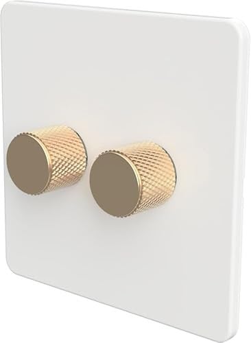 Flat Trailing Edge 2 Way LED Dimmer Switch Rotary Push On/Off for Dimmable LED and Halogen Lights - White/Brass 2-Gang