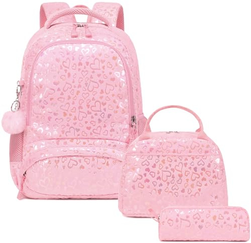 Kimwadalh Cartables Primaire Enfant Filles Sac à Dos pour Enfants Cartable 3 PCS Ensemble de Sacs d'école,avec Sac à Lunch et Trousse Peluche Amour