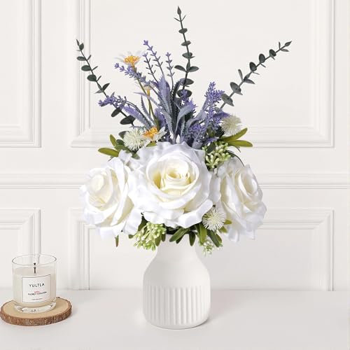 HOPEME Artificial Flowers in Vase, Silk White Rose Flower Arrangements, Rustic Farmhouse Faux Flowers for Coffee Table Décor, Floral Centerpieces for Dining Table Centerpiece Décor