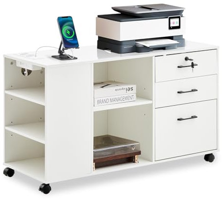 CLIPOP Rollcontainer,abschließbar,mobiler Aktenschrank mit 5 Rollen,3 Schubladen,Schubladenschrank Büroschrank Bürocontainer mit Steckdose,für Büro Zuhause,Weiß