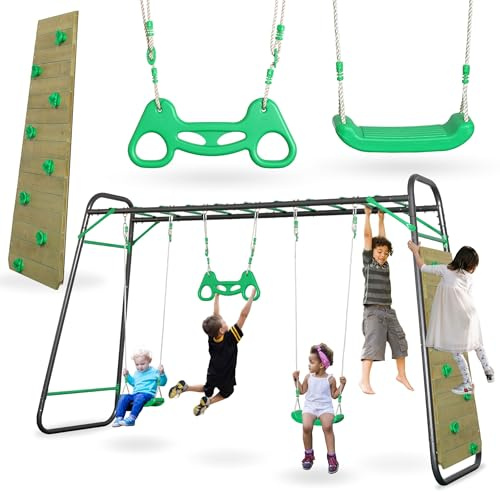 HyperMotion Columpio Infantil XXXL con 2 Asientos, Trapecio y Pared de Escalada - Set Columpios Infantiles para Jardín con Escalera y Cuerdas Ajustables - Estructura de Acero, 200 kg