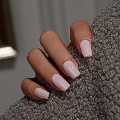 KQueenest Dusty Light Pink Press on Nails Short Medium Square, Short False Nails with Glue, Glossy Pastel Nude Pink Fake Nails Press ons, Coffin Reusable Gel Stick on Nail for Women 28 Pcs