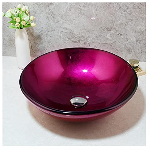 PUFAHAU Lavabo De Salle De Bain en Verre Trempé Unique, Vasque De Salle De Bain, Comptoir De Salle De Bain, Meuble De Toilette, Lavabo, Lavabo Rouge Rose(A)