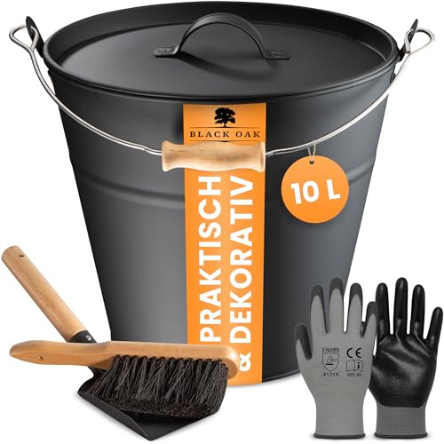 BLACK OAK Ascheeimer FOGO 10L - mit Metallgriff Feger Schaufel Handschuhen | - 10L groß - schwarz mit Deckel Stahl feuerfest verzinkt & pulverbeschichtet Eimer für Asche Kohle Pellets Zubehör Kamin