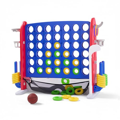 ZoomBuggy Riesiges 4 Gewinnt Spielset Mit Wurfspiel Und Basketballkorb, 3-in-1 Mit Basketballkorb & Ringwurf – Höhenverstellbar, Inkl. Schnellaufbau & 42 Ringen, Für Garten, Strand & Partys, Blau