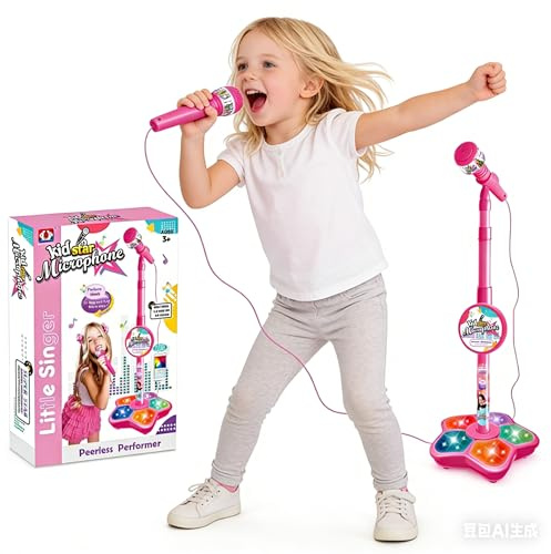 Kids Microphone with Stand,Portable Karaoke Machine for Kids, Adjustable Height with Flashing Stage Lights & Phone Jack, Singing Toy Gift for Girls Boys Birthday Party (Pink)