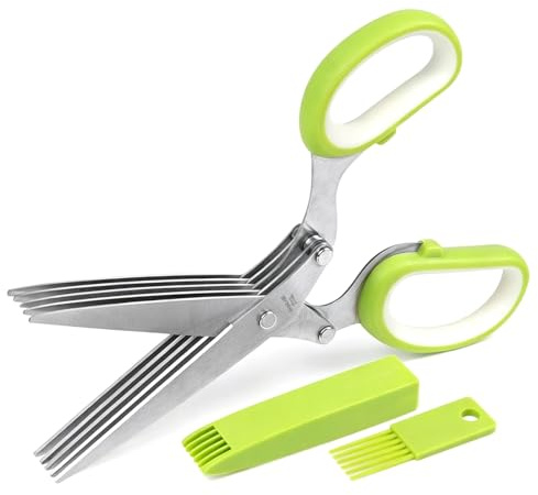 Forbici per erbe aromatiche, forbici da cucina in acciaio inox con coperchio di sicurezza, con pettine per la pulizia, 5 lame in acciaio inox, per tagliare erbe, vaniglia, peperoncino, prezzemolo