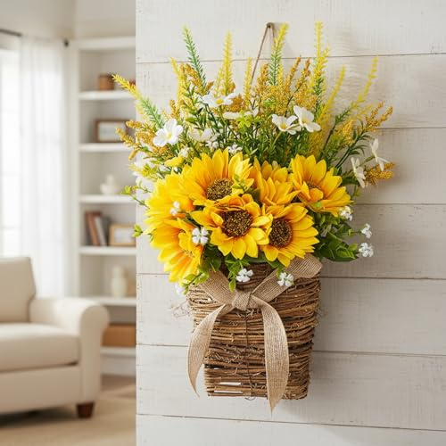 Basket Wreath for Front Door, Spring Wreath with Sunflowers and Burlap Bow, Yellow Farmhouse Indoor Outdoor Wall Decor (32cm/12.6in), Décorations de maison