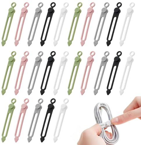 25 Pcs Reusable Silicone Cable Ties, Flexible Wire Tidy Clips for Cables, Phone Charger, USB and Computer Cord Organiser, Durable Silicone Straps for Home and Office Storage Solutions (25)