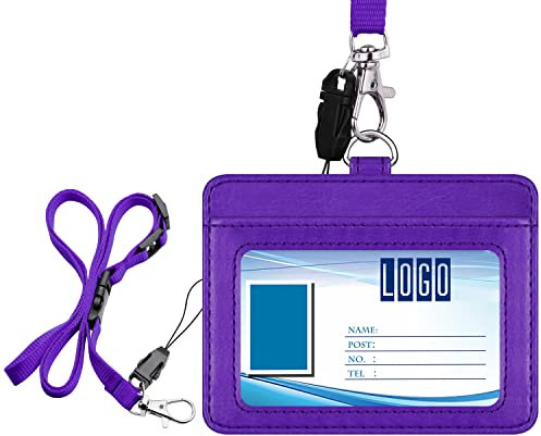 Wisdompro Porta Badge Pelle, Porta Badge da Collo con 58 cm Portachiavi Collo, Viola (Orizzontale)