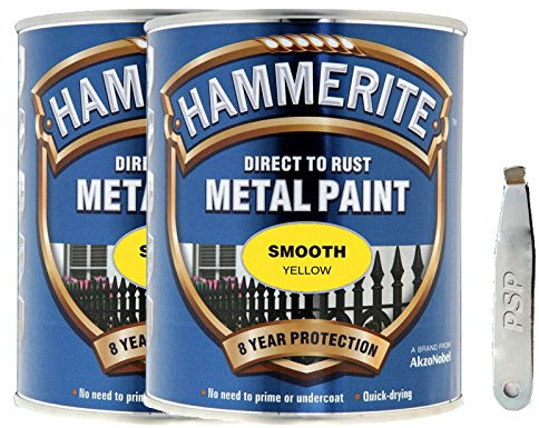 Twin Pack of Hammerite Smooth Yellow Metal Paint 2.5 Litre with PSP Metal tin Opener. Durable, Corrosion Resistant Decorative Coating for Metals, Certain Plastics and Wood