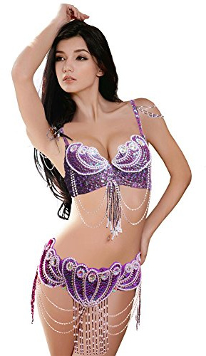 ROYAL SMEELA Bauchtanz-Kostüm für Damen, Tribal-Bauchtanz-BH und Gürtel, sexy, professioneller Tanzanzug, Karneval, BH-Gürtel, Violett, 38