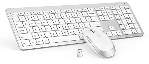 HUULAAS forWireless Keyboard and Mouse Combo - Full Size Slim Thin Wireless Keyboard Mouse with Numeric Keypad 2.4G Stable Connection Adjustable DPI - White & Silver