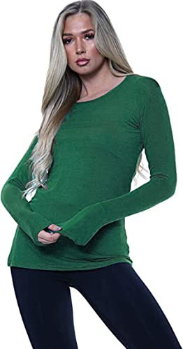 Ladies Womens Plain Long Sleeve Round Neck Top Basic T Shirt Layering Plus Sizes UK 8-26 (2XL (UK 20-22), Bottle Green)