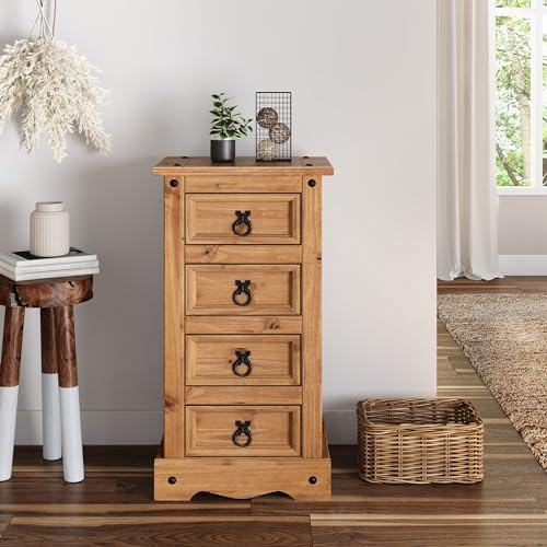 Corona Furniture Corona 4 Drawer Bedside Table Cabinet Solid Wood Pine Wooden Bedroom Narrow Storage Side End Lamp Hallway Living Room Mexican Style 74cm High 35cm Wide 33cm Deep