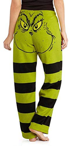 Stecto Grinch Cotton Plus Size Pantaloni per le donne, Green Santa Grinch Costume, Womens Grinch Stole Christmas Face Pajama Pantaloni, A righe Womens Pajama Bottoms
