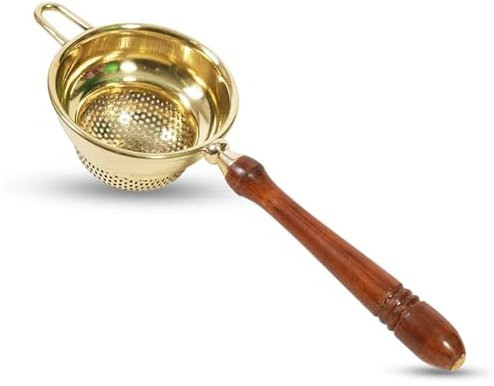 Mittal Teas Brass Tea Strainer with Wooden Handle | Handcrafted Loose Leaf Tea & Coffee Steeper | Fine Mesh Eco-Friendly Filter | Durable Reusable Chai Strainer for Kitchen & Gifting