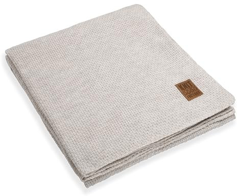 KNIT FACTORY - Jesse Gestrickte Decke XL - Wohndecke - Kuscheldecke - Gestrickte Sofadecke - Plaid aus Wolle - Wolldecke - Beige - 195x225 cm