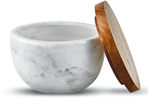 Marczero 10oz Large Salt Box Spice Seasonings Keeper Pepper Container,Marble Base with Wooden Cover,Salt Cellar Big Capacity Elegant Design (White)