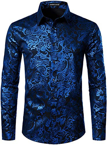 PARKLEES Men's Luxury Gold Prom Design Slim Fit Long Sleeve Button up Party Dress Shirts Black Royal XL