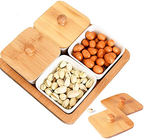 RoseFlower Set Apéritif 4 Coupelles Carrées en Porcelaine avec Plateau en Couvercle de Plateau, Plateau de Service Apéritif, Carrées Aperitif Céramique, Condiments, Collations, Noix et Bonbons