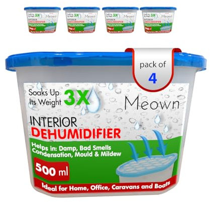 Meown 500ml Interior Dehumidifiers, Pack of 4 Disposable Moisture Absorber Pots, Damp, Mould, Condensation & Musty Odour Remover for Wardrobe, Bathroom, Kitchen, Caravan & Home