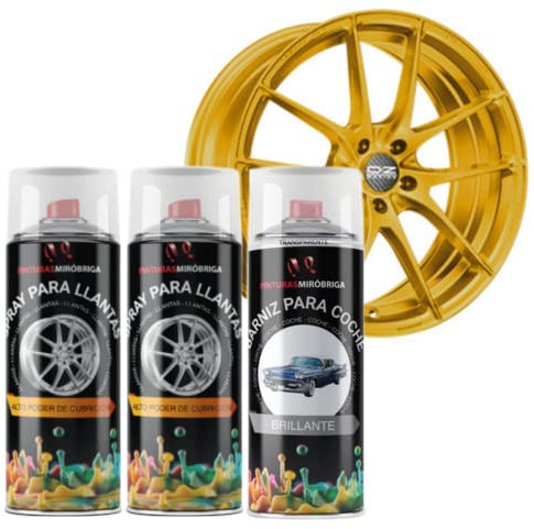 Pack Spray pintura para llantas en color Dorado Ral 1036 x2unid. (400ml) + Spray Barniz Brillante Transparente x1unid.