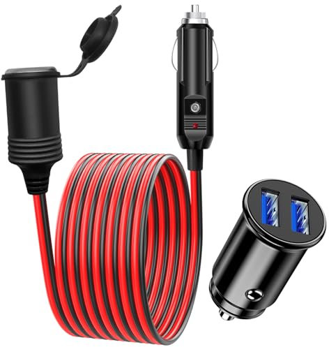 Hoembpn 1,5M 12V/24V Auto Zigarettenanzünder Stecker Verlängerungskabel Buchse Steckdose Adapter Wasserdicht 17 AWG Kabel, 12V Mini Dual USB Zigarettenanzünder Autoladegerät