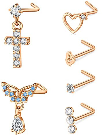 VFUN Nasenstecker 18G Chirurgenstahl Kreuz Diamond CZ L Form Rosegold Flügel Nasen Piercing Set