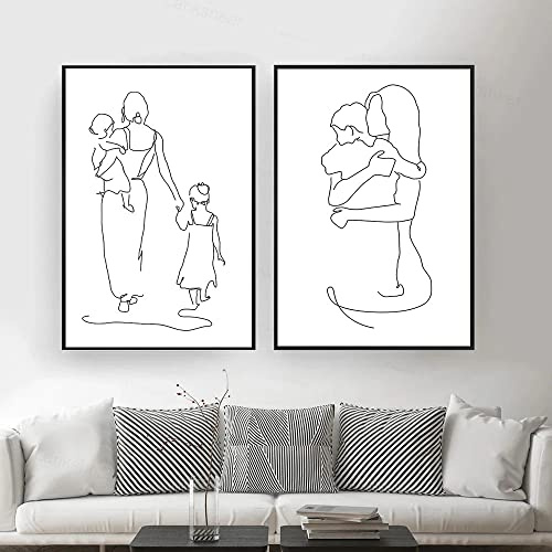 Sarah Duke 2-teiliges Poster Set, Abstrakt Linie Mutter und Tochter, Sohn Wandkunst Bilder, Schwarz Weiß Modern Leinwandbilder, Bilder Wohnzimmer Deko, Ohne Rahmen (40x50cm)