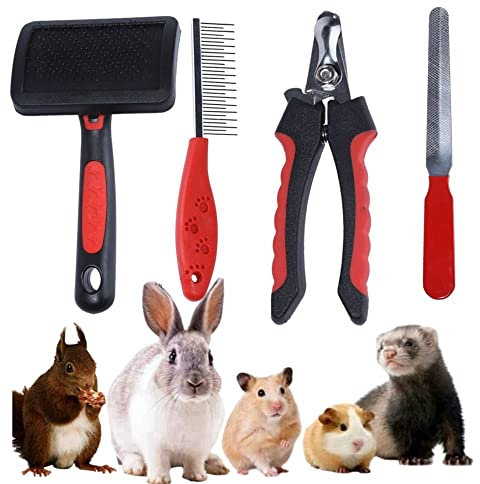 KUNBIUH Rabbit Professional Nail Clippers Grooming Kit with Pet Shedding Slicker Brush, Pet Grooming Comb, Nail Clipper Trimmer for Rabbit, Puppy, Kitten, Guinea Pig, Hamster, Ferret (4PCS)