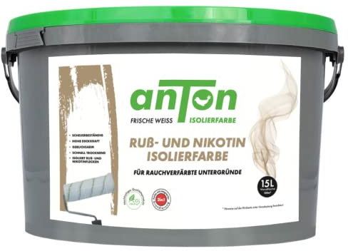Anton Wasserflecken Isolierfarbe 15 Liter | FRISCHE WEISS | deckt beim ersten Anstrich | Spezialfarbe zum Abdecken von Wasser- und Feuchtigkeitsflecken | 140m² + MALERROLLER