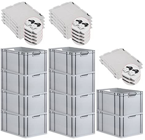 PROREGAL SuperSparSet 10x Eurobox NextGen Grip mit Scharnierdeckel und schwarzen Schiebeschnappverschlüssen, HxBxT 32x40x60cm, 65 L, Grau, Griffe offen, Eurobehälter, Transportbox