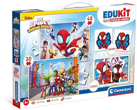 Clementoni Edukit 4 in 1 Spidey and His Amazing Friends (Memo, Puzzle 30 und 48 Stücke, 6 Würfel), pädagogische, für Kinder, Memory und Logik-Spiel, Hergestellt in Italien, Multicolor - 18295