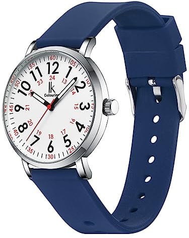 Alienwork IK EasyTime Armbanduhr Herren Damen Silber Silikon-Armband Marineblau Weiss Einfache Lesezeit Armbandwechsel mit Schnellverschluss Wasserdicht