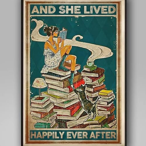 and She Lived Happily Ever After Book Lover,12 * 8 Inches Vintage Funny Poster Wall Decor Art Gift Retro Picture Metal Sign