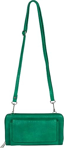 styleBREAKER Damen Handy Umhängetasche RFID Blocker, Smaragdgrün | 20x11 cm Maß, 8 Kartenfächer, 3 Scheinfächer, Münz-Zipper, Frontfach für 6,5 Zoll Smartphones, 71-128 cm Riemen abnehmbar.