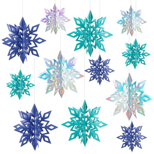 Kiiwah 12 Pezzi 3D Fiocchi di Neve Decorativi per Albero Di Natale, Olografici Scintillanti Addobbi de Ornamenti Pendenti Natalizi, Blu Fiocchi di Neve da Ciondoli per Natalizi Decorazioni