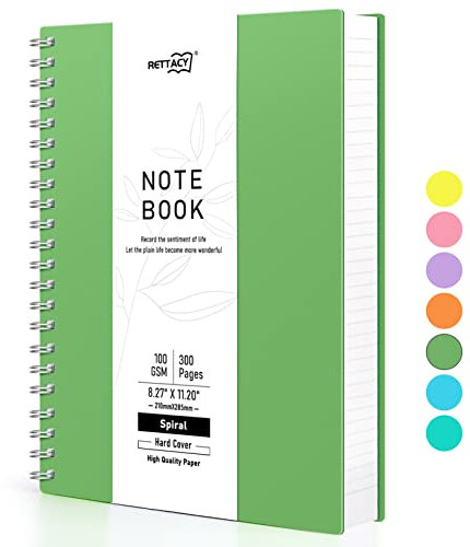 RETTACY A4 Notizblock, Notizbuch, Spiralgebundene Notizbücher, 300 Blatt/150 Seiten Zum Schreiben, 100 G/m² College-liniertes Papier, PVC-Hardcover, 21,5 x 27,9cm – Grün