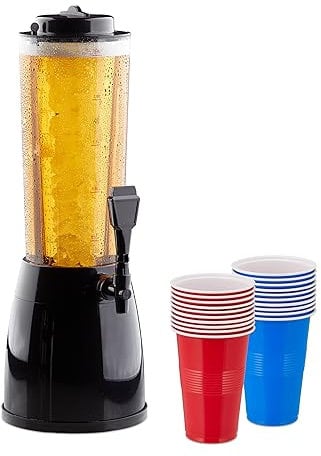 Relaxdays Distributeur de bière, 2,5 l, avec 20 gobelets de bière Pong, réservoir à glaçons, Plastique, Multicolore