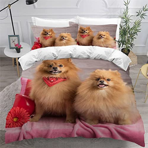 MEVASA Bettwäsche 135x200 Pommerscher Spitzhund Bettwäsche-Set 3 Teilig 3D-Druck Süße Tiere Bettbezug 135x200 mit Reißverschluss Weiche Mikrofaser Kinderbettwäsche mit 2 Kissenbezug