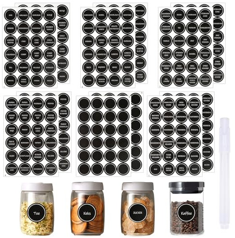 288 Stück Gewürzetiketten Selbstklebend, Rund Gewürzaufkleber, Gewürzgläser Etiketten, Deutsche Wasserfest Küchenetiketten mit 1x Stift für Küchengewürzgläser, Marmeladen, Flaschen, Schwarz 35x35mm