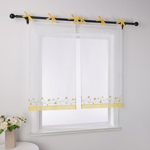 Joyswahl Voile Scheibengardine im Landhausstil »Kamille« Cáfe Gardinen Transparent Kurz Küchengardinen Bistrogardinen Küche Gelb HxB 120x80cm 1 Stück